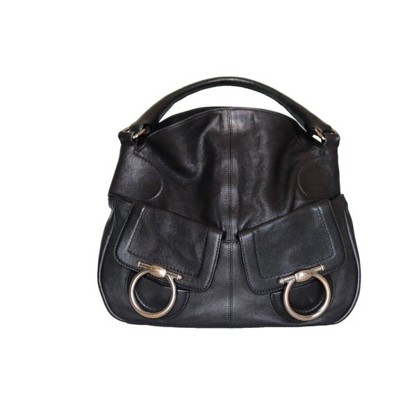 Salvatore Ferragamo Women's Black Hobo Top Handle Bag Leather Flap Pockets Purse - Picture 1 of 8